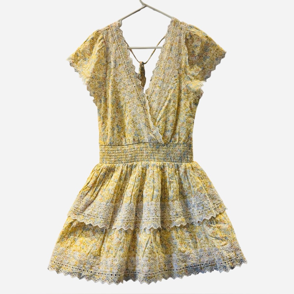 American Eagle Yellow Floral Eyelet Lace Tiered Mini Dress Cottagecore Boho